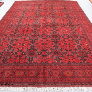 8&#39;3x11&#39;8 ft Large Turkmen Rug, Afghan Hand Knotted Tekke Bukhara Red Rug, Vintage Oriental Wool Rug for Bedroom, Khamyab Geometric Area Rug