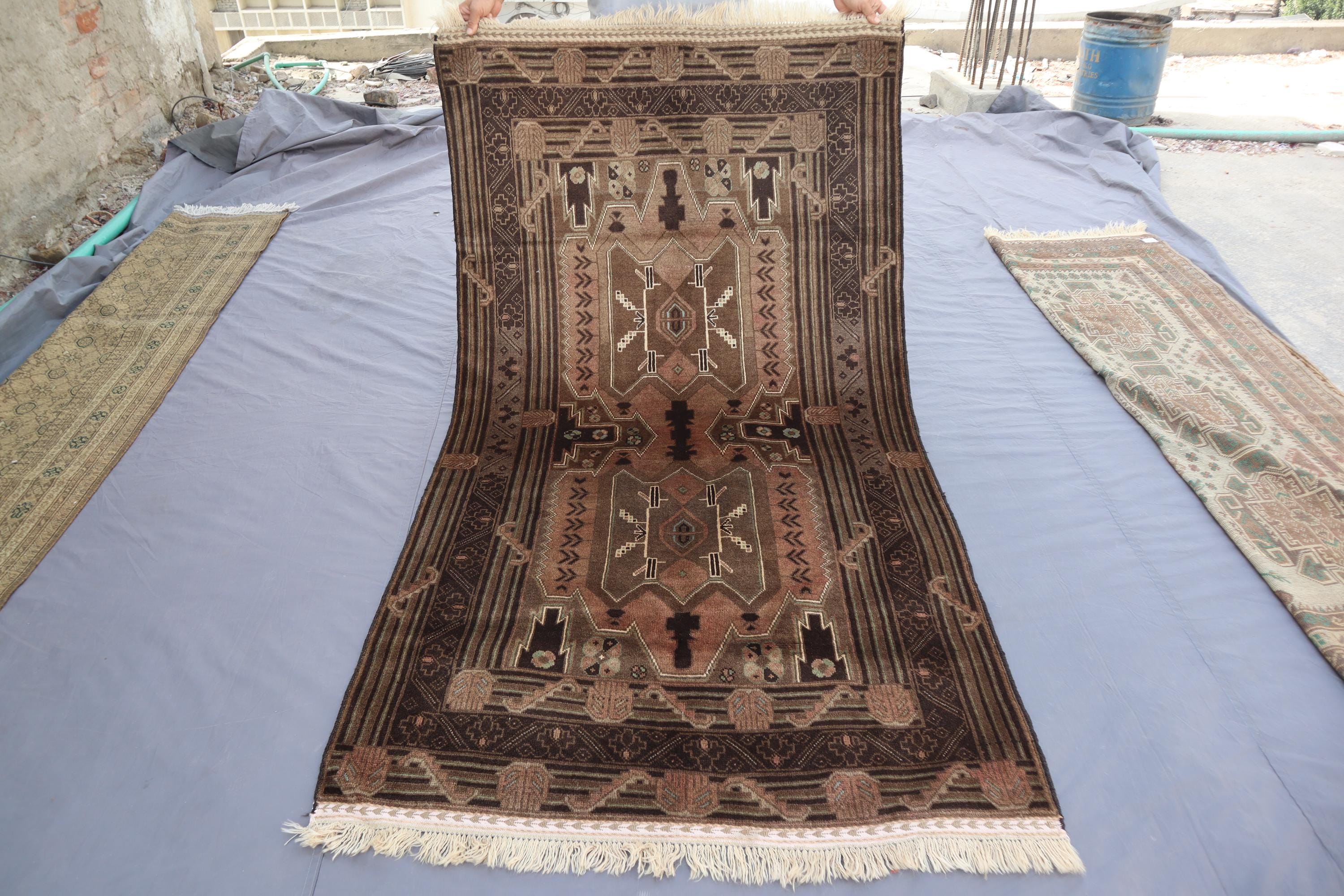 1940s Turkmen 3'7x6'9 Ft Rug Antique Afghan Oriental Faded Wool
