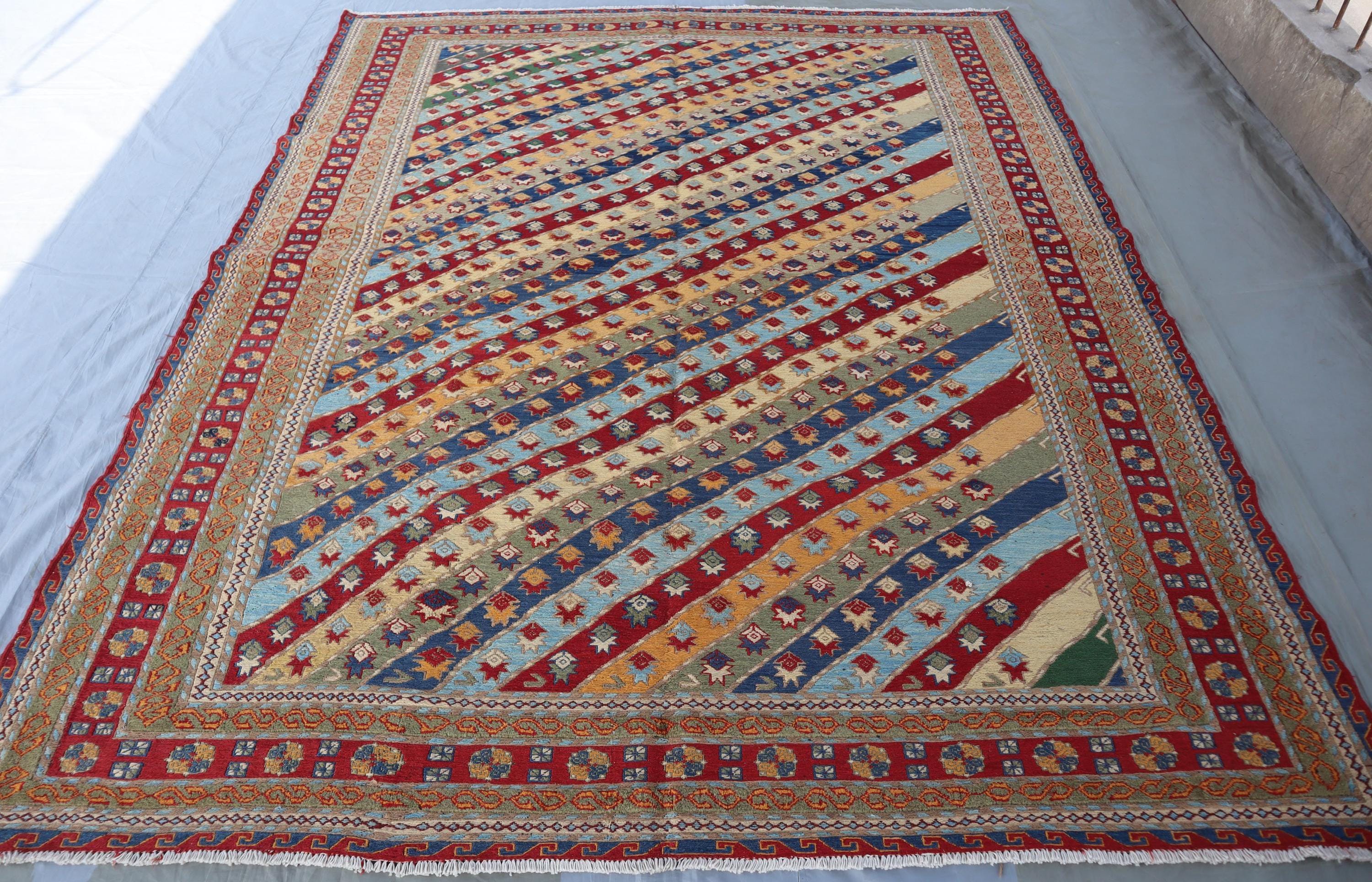 ラグ・カーペット Turkmen rug 7x9 Ft Antique Turkmen Rug Striped Afghan Flatweave Kilim Rug, Red