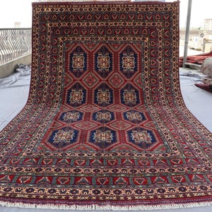 6&#39;7x10&#39;2 ft  Large Afghan Rug, Geometric Design Handmade Wool Rug, Red Navy Blue Bukhara Veg Dyes Rug, Intricate Pattern Carpet for Bedroom