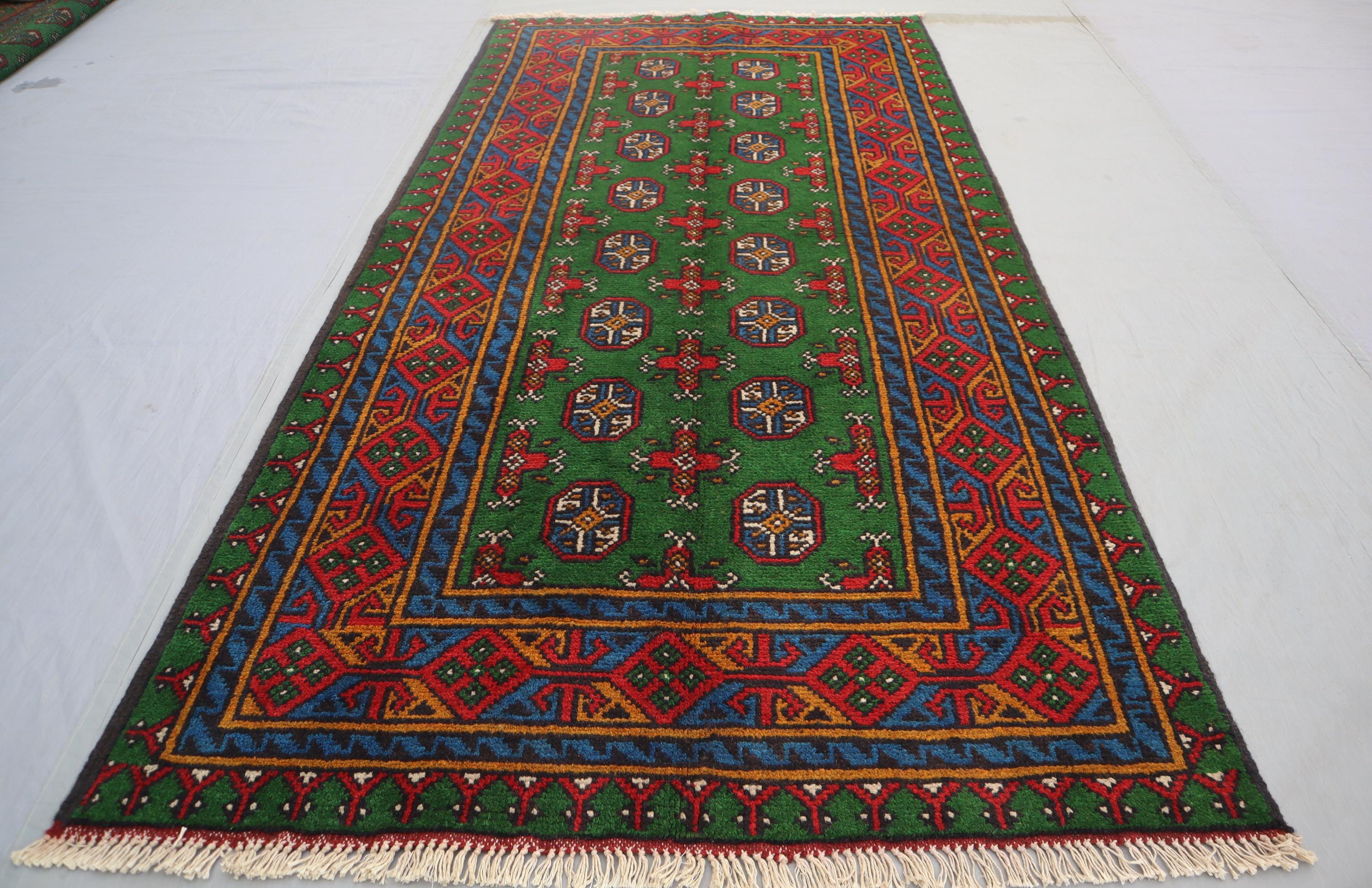 Antique Red Rug 3'3x6'5 ft Vintage Rug/ Afghan Handmade Rust Wool Rug/ Oriental Turkmen Bukhara Rug/ Natural Veg dyes Green Rug/ Bedroom Rug