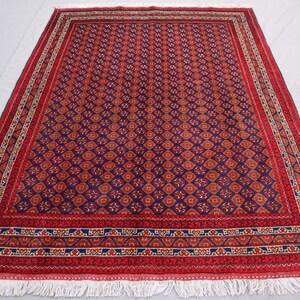 4'10x6'5 Ft Red Turkmen Mowri Bukhara Rug, Handmade High Pile Wool Rug ...