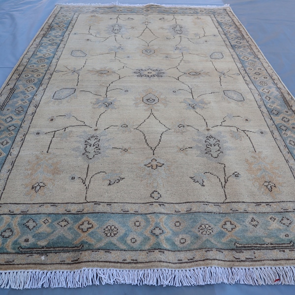 4x6 Afghan Antique Faded Floral Rug, Turkish Oushak Pattern Rug- Handmade Wool Rug- Beige Distressed Muted Area Rug- Rug for Bedroom- Office