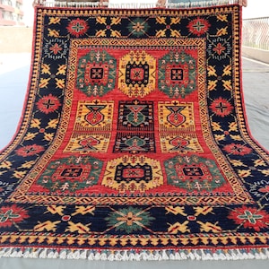 5&#39;1x6&#39;4 Afghan Bukhara Rug Handmade Wool Area Rug- Turkmen Tribal High Pile Wool Rug- Oriental Red Geometric rug- Bedroom Rug- Office Carpet