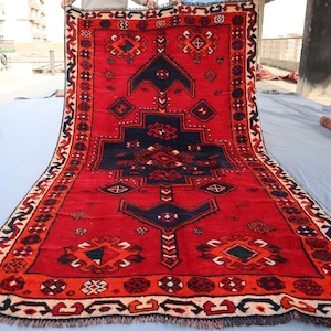 Antique Large Red Rug 5x9 ft Turkmen Tribal Caucasian Rug, Vintage Afghan Handmade Wool Area Rug Oriental Rug, Office Rug Living Room Carpet