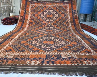 Tappeto Kilim afgano grande 9'6x14'2, tappeto antico in lana fatto a mano, color terracotta, sbiadito e anticato, tappeto Kilim turcomanno vintage a trama piatta, tappeto per camera da letto