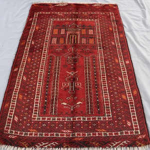 Vintage Prayer Rug/ 3x4 ft Afghan Prayer Rug/ Antique Nomadic Rug/ Oriental Turkmen Tribal Red Rug/ Handmade Wool Rug/ 1970s Antique Prayer