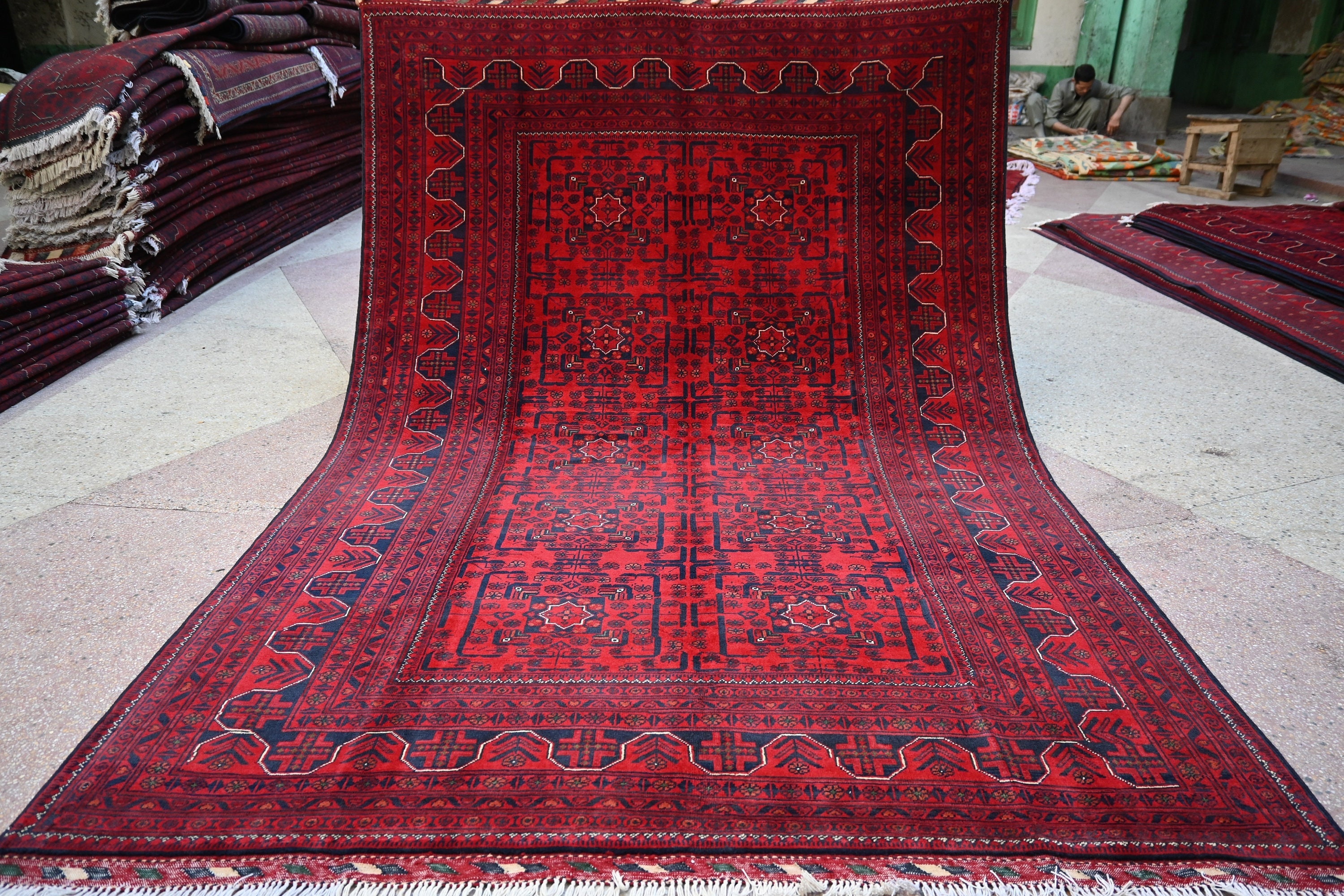 Beige Antique Rug 4'4x5'6 Afghan Handmade Wool Rug 