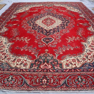 9&#39;6x12&#39;2 ft Large Afghan Rug, Antique Caucasian Rug, Handmade Wool Red Turkmen Vintage Rug, One of a Kind Medallion Rug, Dining Table Carpet