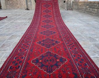 Afghan 13 Feet runner, 12.10 x 2.9 Ft, Handmade High Pile Wool Bukhara Khamyab rug, Oriental Runner rug, Hallway Runner Stair Runner rug