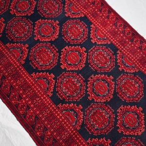 Alfombra afgana roja de 90 x 3 m, hecha a mano, estilo turcomano, vintage, estilo Bukhara, tribal, para pasillo y cocina.