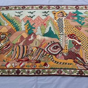 3x5 ft Pictorial Hunting Scene Rug, One of a Kind Afghan Handmade Wool Rug, Rug for Bedroom, Lion Birds Art Rug, Kids Room Home Decor Carpet