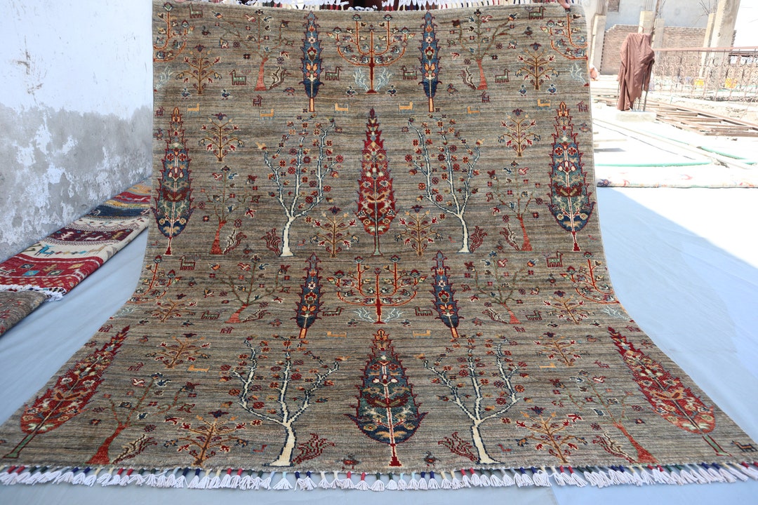 5x6 Ft Gray Tree of Life Pictorial Rug, Afghan Handmade Wool Area Rug ...
