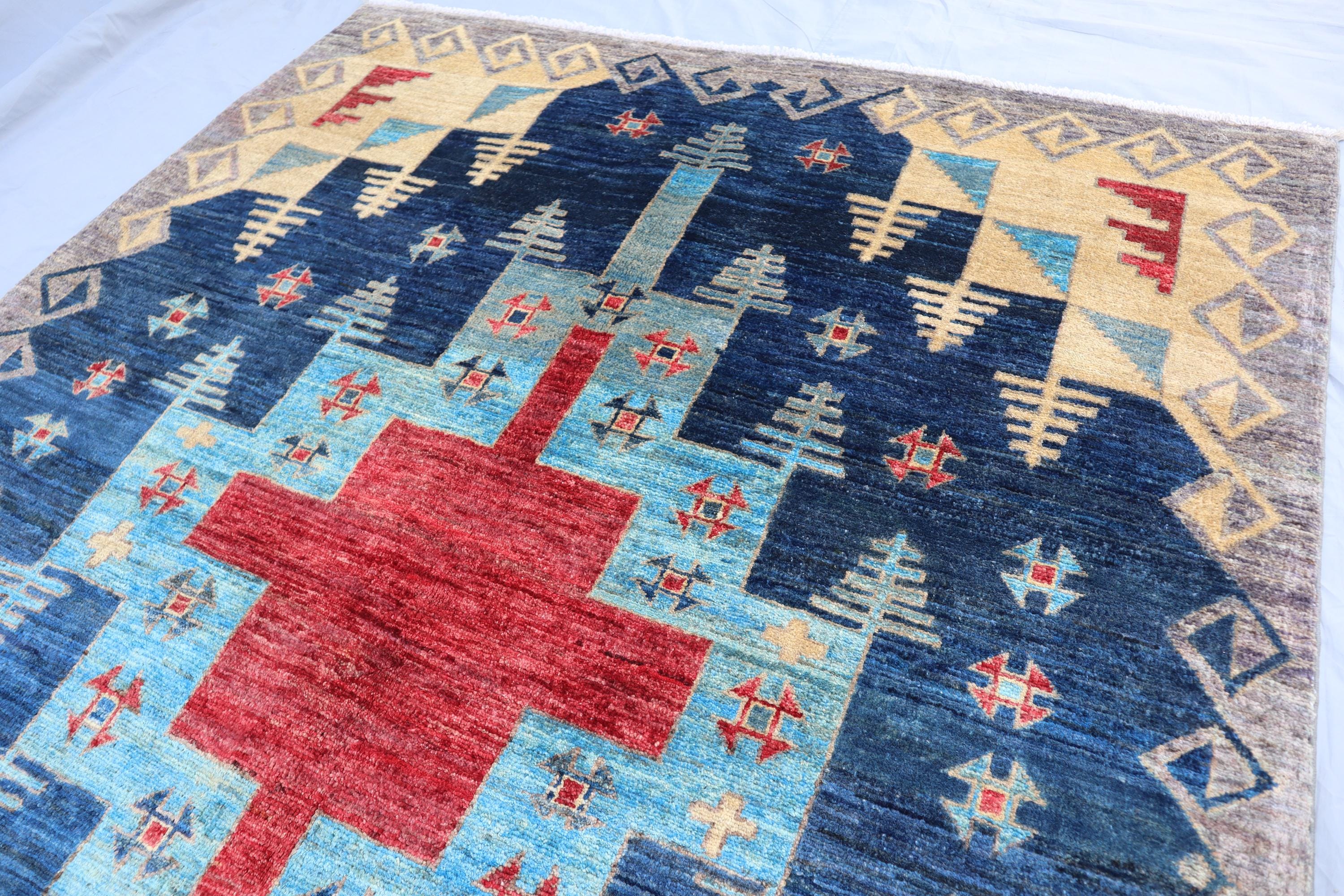 5x6 Navy Blue Tribal Gabbeh Area Rug- Afghan Nomadic Hand Knotted Wool ...