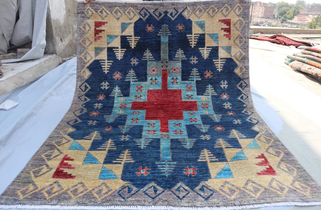 5x6 Navy Blue Tribal Gabbeh Area Rug- Afghan Nomadic Hand Knotted Wool ...