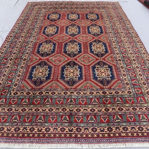 7x10 ft Afghan Bukahra Rug, Geometric Design Handmade Fine Quality Wool Rug, Red Navy Blue Veg Dyes Rug, 200x300 cm Carpet for Living Room
