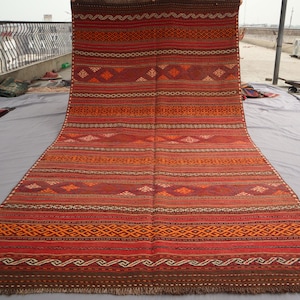 1960s Antique 5&#39;3x10&#39;6 ft Striped Flatweave Kilim Rug, Oriental Vintage Hand Woven Rug, Bedroom Rug, Living Room Rug, Turkmen Tribal Red Rug