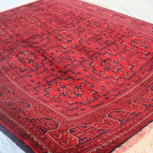 5&#39;6x7&#39;4 Afghan Bukhara Rug Handmade Wool Red rug/ Turkmen Tribal Fine Quality Area Rug/ Oriental Khamyab Design Rug/ Bedroom Rug/ Office Rug