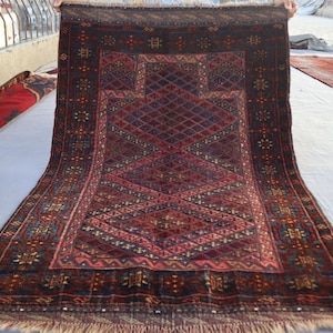 1950s Antique Prayer Rug 3x4 ft, Afghan Prayer Rug, Handmade Wool Area Rug, Vintage Muslim Prayer Oriental Turkmen Rug Meshwani Berjesta Rug
