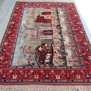4'7x6'1 Pictorial Area rug Afghan Vintage Handmade Wool Rug/ Oriental Turkmen Rug/ Home Trees Art decor Rug/ Kids Room Rug/ Wall Hanging Rug