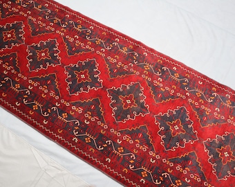 13 ft Red Afghan Runner Rug, Fine Quality Handmade Turkoman Wool Rug, Hall way Runner rug, 1970s Bukhara Antique Runner Rug, Kitchen Runner