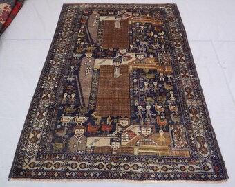 4x6 Navy Blue Vintage rug, Afghan Pictorial Baluchi Rug, Antique Faded Pile Wool rug, Turkmen Handmade Rug, Tribal Rug, Collectors Piece Rug