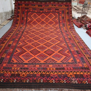 Antique Oversized Kilim Rug 10x16 ft, Afghan Vintage Large Area Rug, Turkmen Flatweave Handmade Authentic Wool Rug, Dining Table Bedroom Rug
