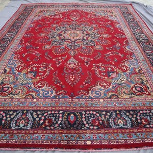 9&#39;6x13&#39;1 ft Large Afghan Antique Medallion Rug, Handmade Wool Red Turkmen Vintage Rug, One of a Kind Caucasian Faded Pile Rug Bedroom Carpet