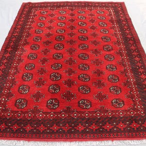 5&#39;1x6&#39;6 ft Afghan Bukhara Rug Hand Knotted 100% Wool Red rug/ Vintage Turkmen Tribal Area Rug/ Oriental Mowri Gul Design Rug for Living Room