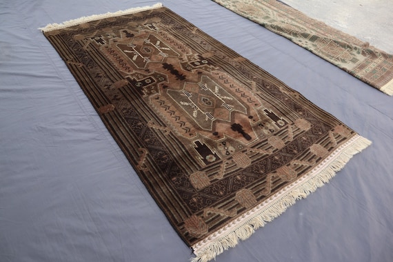 1940s Turkmen 3'7x6'9 Ft Rug Antique Afghan Oriental Faded Wool