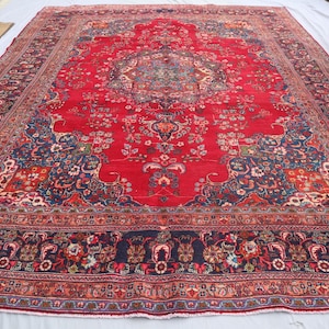 Antique Caucasian Rug 9&#39;6x13&#39;1 ft Afghan Vintage Turkmen Medallion Area Rug, Handmade Wool Faded Rug, Oriental Red Large Living Room Carpet
