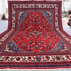 7x10 Large Afghan Antique Caucasian Rug, Handmade Wool Red Turkmen Vintage Rug, One of a Kind Turkish Pattern Rug, Bedroom, Dining Table Rug