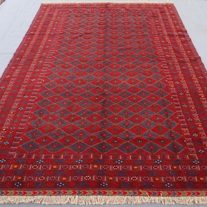 1980s Vintage 6&#39;5x8&#39;10 ft Rug - Afghan Handmade Natural Dyes Wool Rug - Red Oriental Turkmen Meshwani Berjesta Area Rug - Living Room Carpet