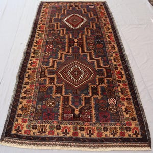 4x8 ft Tribal Vintage Rug Afghan Red Handmade Wool Rug, Caucasian Oriental Area Rug, Turkmen Antique Faded Geometric Blue Carpet, Office Rug