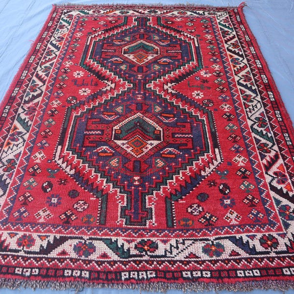 3'6x4'10 ft Antique Caucasian Rug, Turkmen Tribal Hand Knotted Wool Rug, Turkish Oriental Area Rug, Geometric Faded Rug, 3x5 Office Carpet