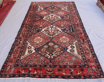 Collectors Piece 5'5x10'0 ft Afghan Tribal Handmade Faded Pile Wool Area Rug, Red Oriental Turkmen Baluchi Rug, 1950s Antique Entry Way Rug
