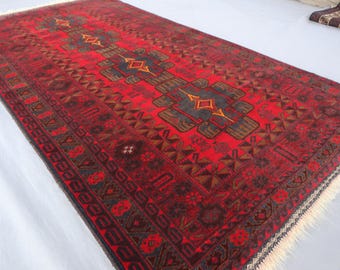 4 x 7フィートのヴィンテージトライバルラグ、アフガニスタンの手作り