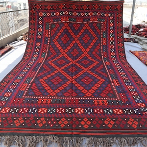 8x13 ft Large Vintage Kilim Area Rug - Red Afghan Authentic Geometric Ghalmoori Kilim Rug - Vegetable dyes Handmade Wool Rug for Living room