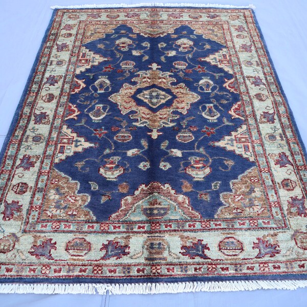 Oushak Area Rug 3x4, Turkish Pattern Geometric  Rug, Turkmen Handmade Soft Wool Natural Veg dyes Rug, Navy Blue Red Carpet for Living room