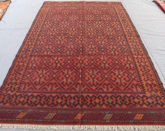6'5x9'10 ft Antique Afghan rug Turkmen Flatweave Kilim Rug, Handmade 1970s Vintage Wool Rug, Red Living Room Rug, Geometric Tribal Area Rug