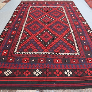 8x13 Large Afghan Kilim Rug / Red Vintage Authentic Geometric Ghalmoori Design Area Rug / Handmade Flatweave/ Rugs for Dining Table/ Bedroom