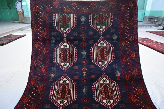 アフガニスタンアンティーク 3.9 x 5.7フィートラグ、トルクメン幾何学