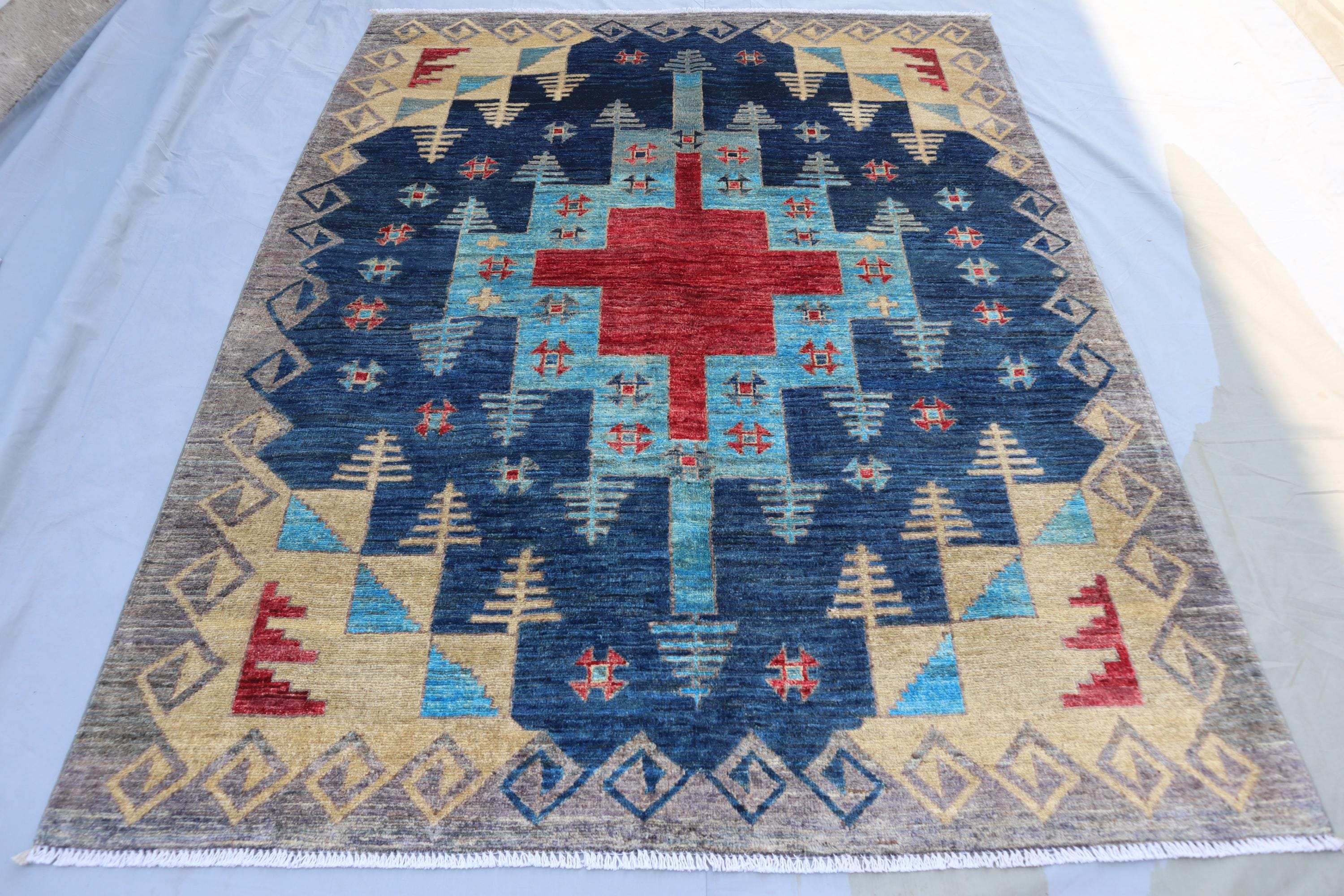 5x6 Navy Blue Tribal Gabbeh Area Rug- Afghan Nomadic Hand Knotted Wool ...