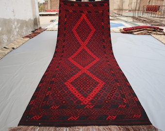 Afghan Kilim Runner Rug, 3&#39;5x9&#39;3 ft, Red Handmade Vintage Rug, Oriental Turkmen Antique Rug, Veg Dyes Red Black Rug, Kitchen, Hallway Runner