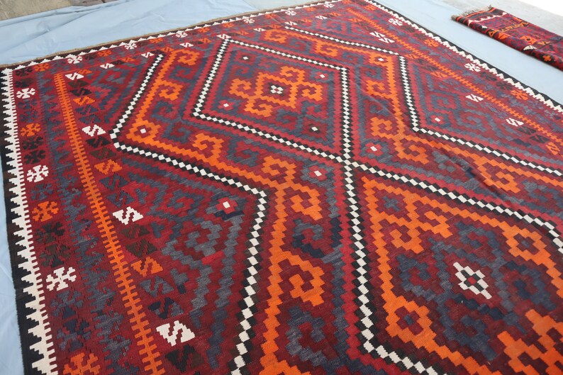 Antique Kilim Area Rug 9x16 Ft, Afghan Flatweave Geometric Handmade ...