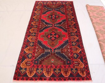 ヴィンテージ幾何学模様ラグ 4x6'5フィート、アフガニスタン手織り