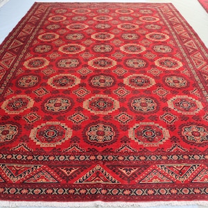 9&#39;9x13&#39;6 ft Large Afghan Rug, Hand Knotted Geometric Bukhara Rug, Oriental Turkmen Tribal Red Rug, Living room Rug 10x14 Dining Table Carpet