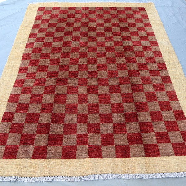 4'7x6'3 Checkered Area rug - Gray Gabbeh Beige Red Afghan Hand knotted Natural Veg dyed wool rug - Rugs for Living room - 5x6 ft Bedroom rug