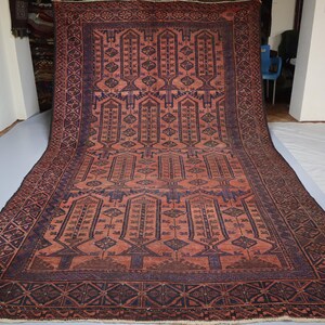 7'5x12'3 ft Vintage Rug, Afghan Handmade Low Pile Wool Rug, Terracotta Oriental Rug, Turkmen Antique Rug, Living Room Carpet, Entry Way Rugs