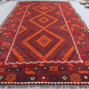 8x14 Large Vintage Kilim Area Rug - Red Afghan Authentic Geometric Ghalmoori Kilim Flatweave Rug- Natural dyes Wool Area Rug for Living room
